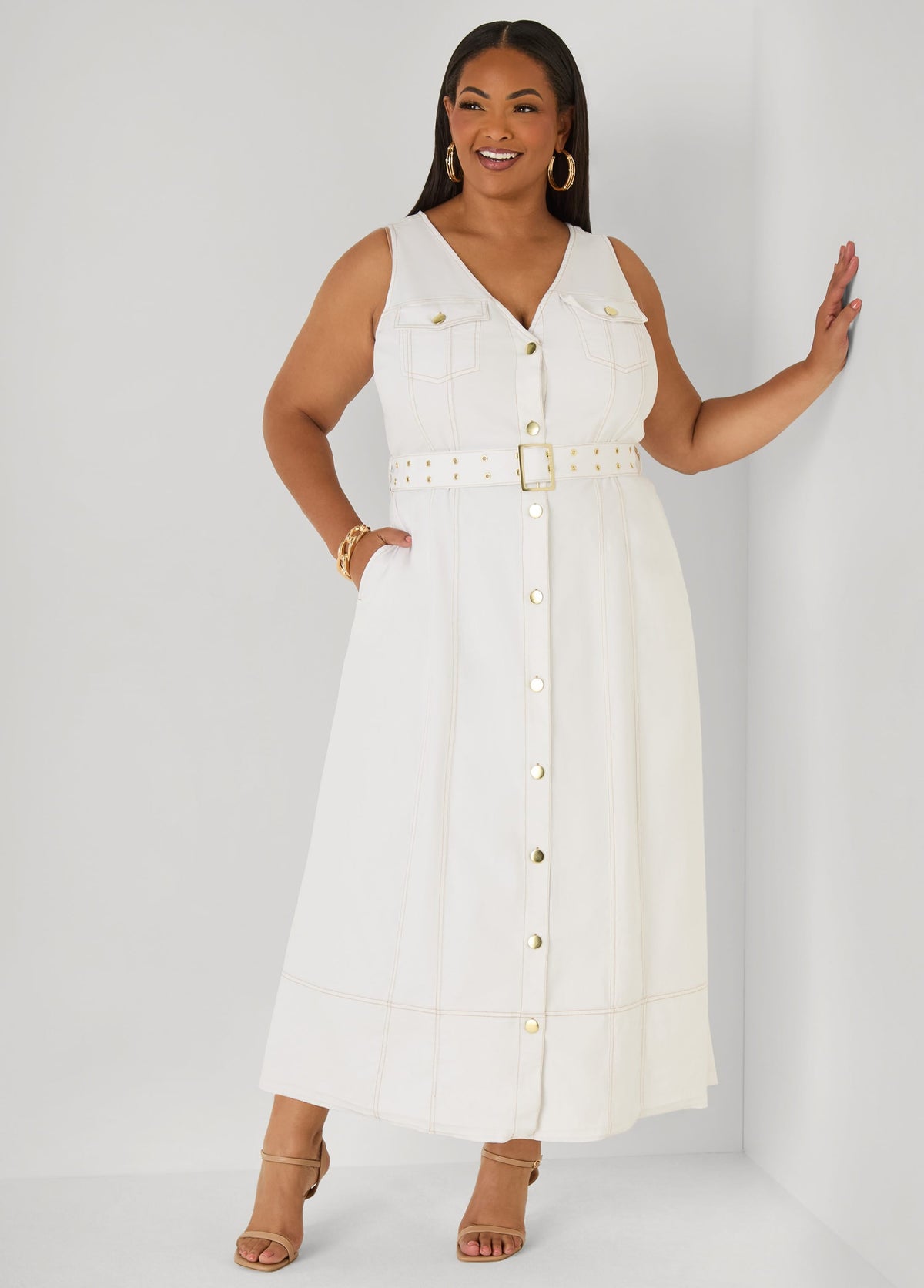 Vestido camisero maxi de denim con cinturón
