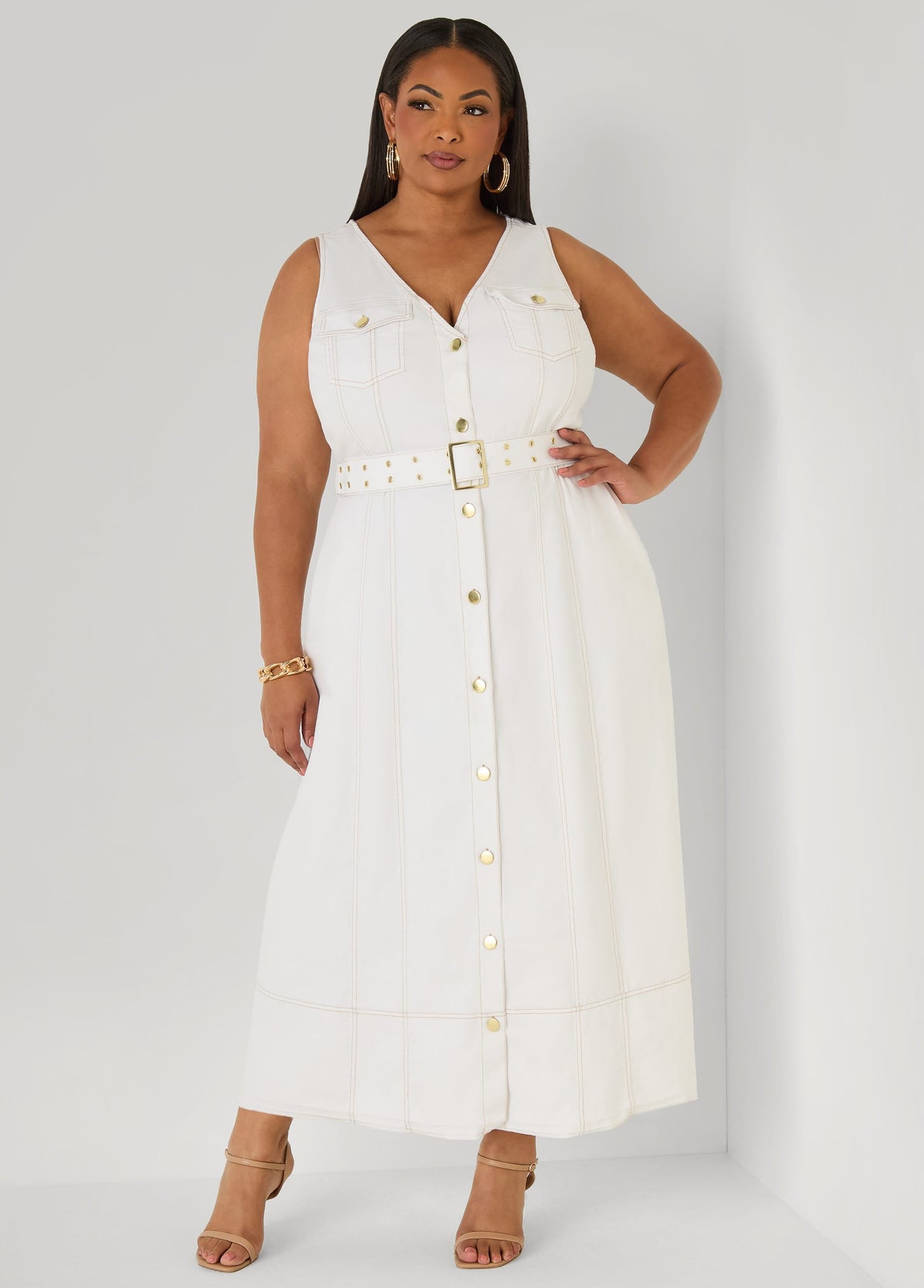 Vestido camisero maxi de denim con cinturón