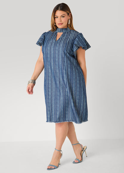 Vestido estampado de chambray con escote en ojo de cerradura