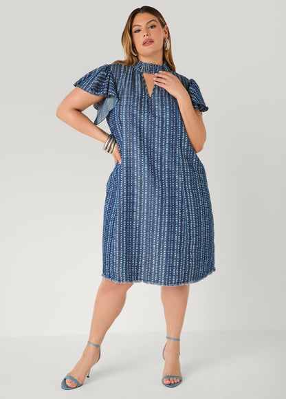 Vestido estampado de chambray con escote en ojo de cerradura