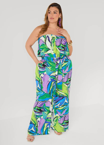 Mono sin tirantes con estampado de hojas