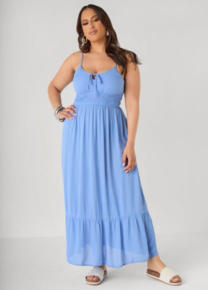 Vestido maxi con fruncido delantero y lazo