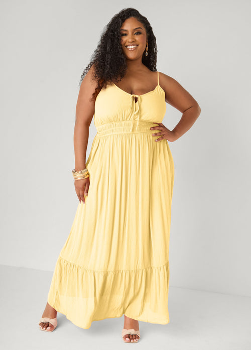 Vestido maxi con fruncido delantero y lazo