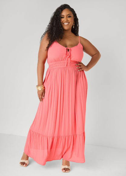 Vestido maxi con fruncido delantero y lazo