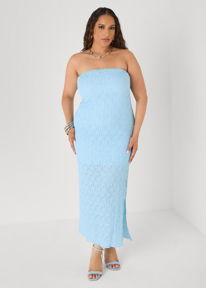 Vestido maxi sin tirantes con textura