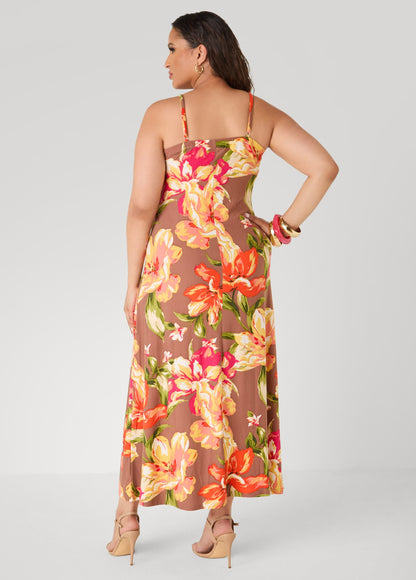 Vestido maxi fruncido con estampado floral