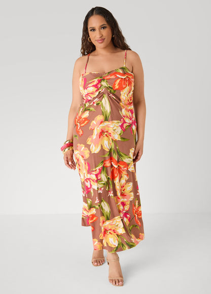 Vestido maxi fruncido con estampado floral